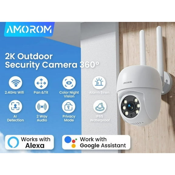 AMOROM AM-S1 3MP Security Camera with Full-Color Night Vision, 2K Resolution, Built-in Alarm Siren, Indoor/Outdoor Use, White