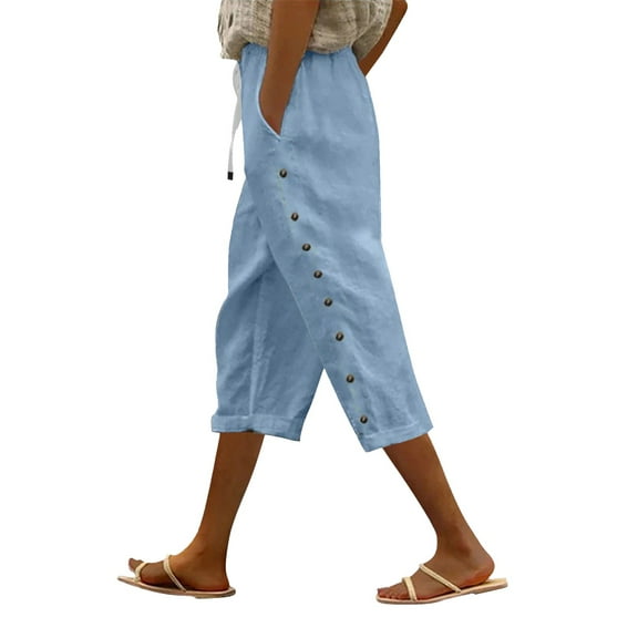 Women's Pants Fashion Casual Pants For Women Solid Color Cotton Linen Elastic Seven Beach Casual Linen
