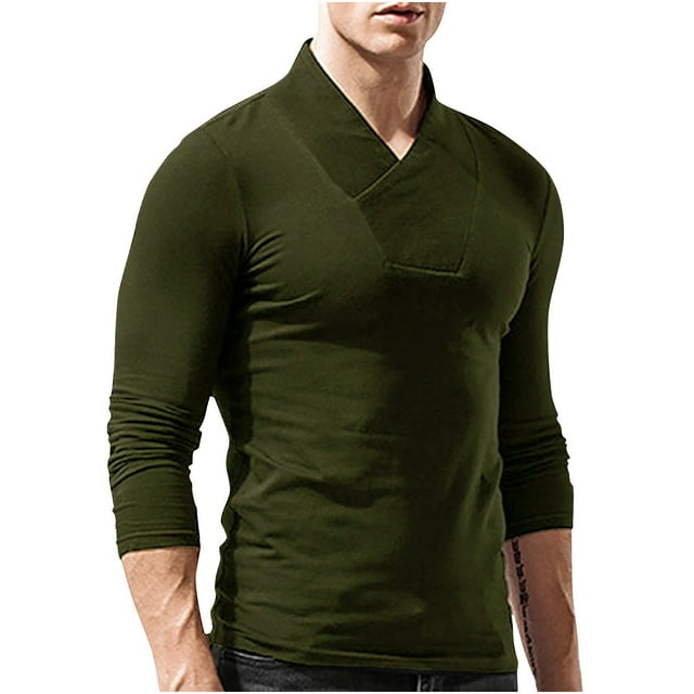 Man Long Sleeve Solid Color V-Neck Button Fashion Fallow T-Shirt Tops