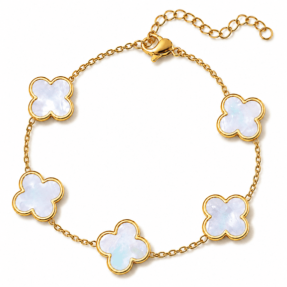 14K Gold Plated Clover Bracelets for Women - Flower Four Leaf Clover Bracelet - Mother of Pearl Gemstone Lucky Flower Design - Adjustable