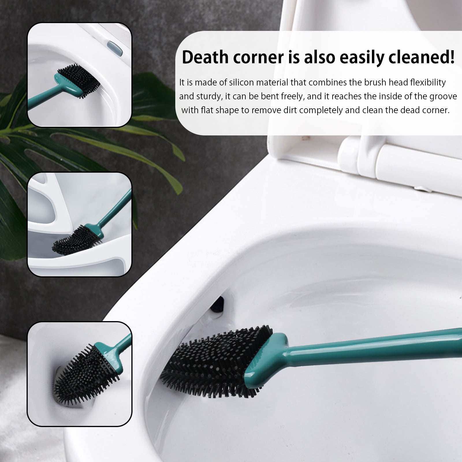 Bathroom Toilet Brush and Holder Set, Toilet Bowl Cleaner Bendable Tongue-shaped Silicone Brush Head Anti Splash Bristles, Self Closing Quick Drying Holder in Dark Green
