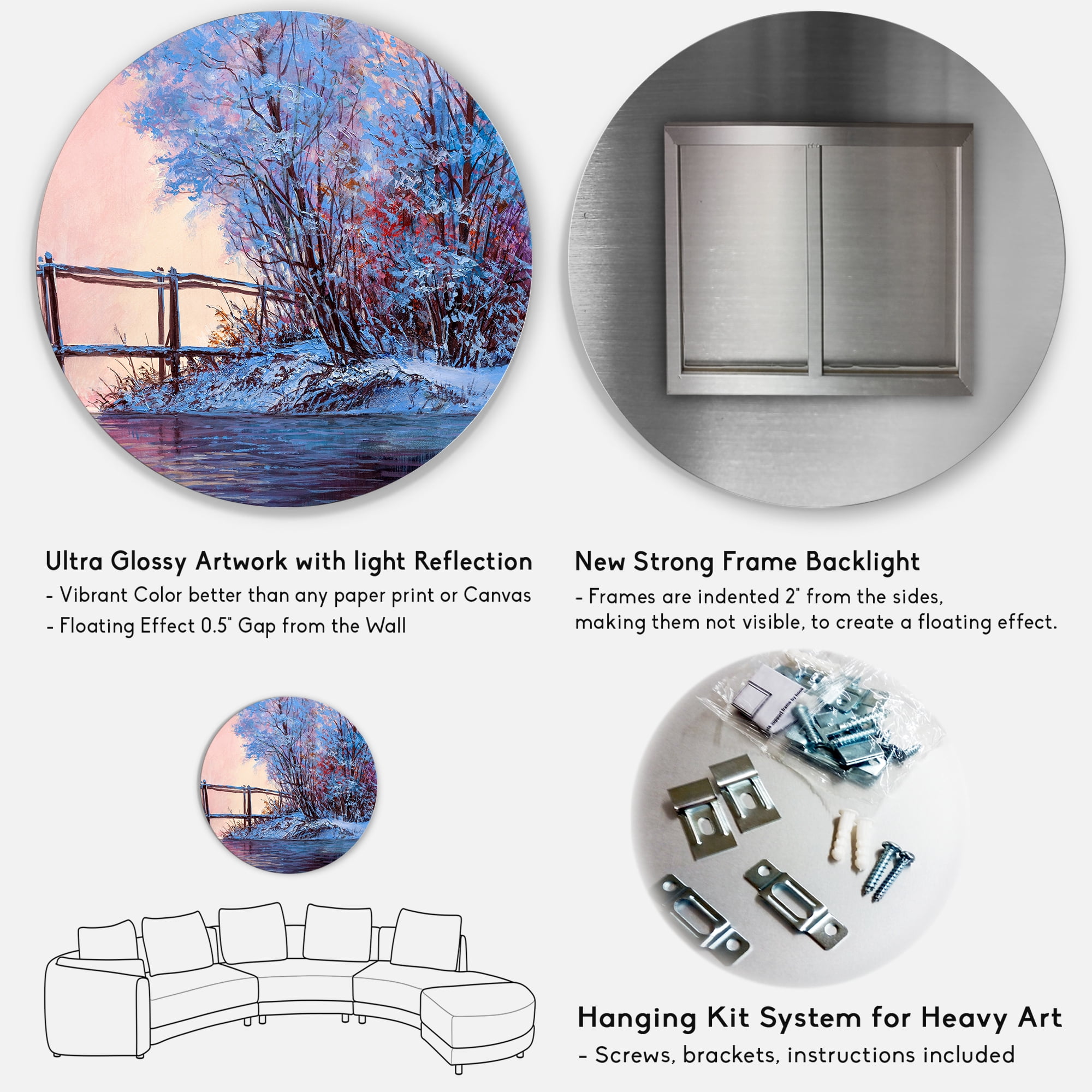 Designart 'Bridge Of Meandering River With Winter Scenery I' Lake House Circle Metal Wall Art 29x29 - Disc of 29