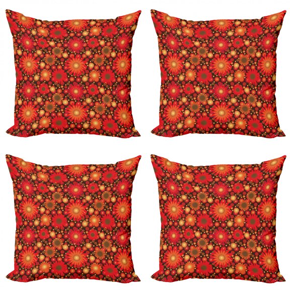 Ambesonne Floral Throw Pillow Cover 4 Pack, Vivid Botanical Gerbera Art, 16", Dark Green Vermilion
