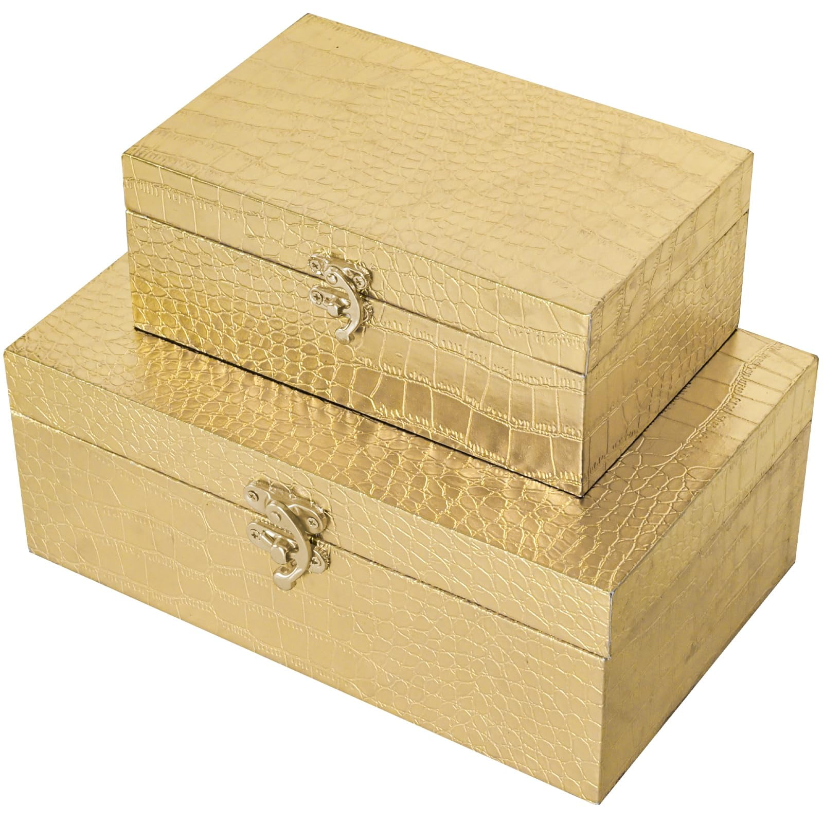 MODE HOME Set of 2 Gold Crocodile Leather and Wood Nesting Storage Boxes, Decorative Keepsake Chests with Clasps