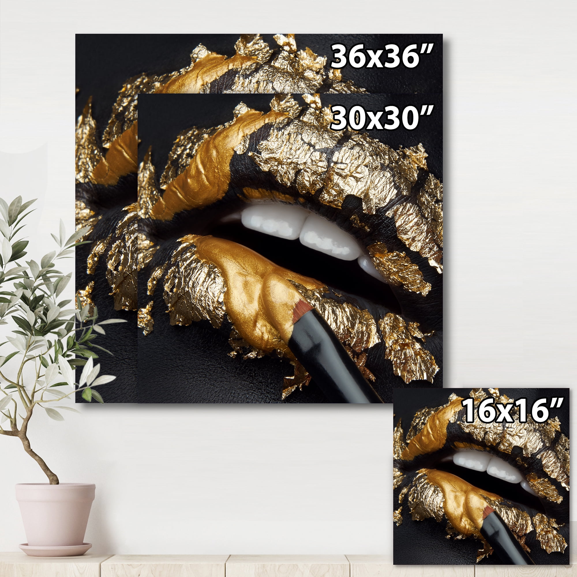 Designart ' Female Lips With Black Leather and Gold Foil ' Modern Canvas Wall Art Print