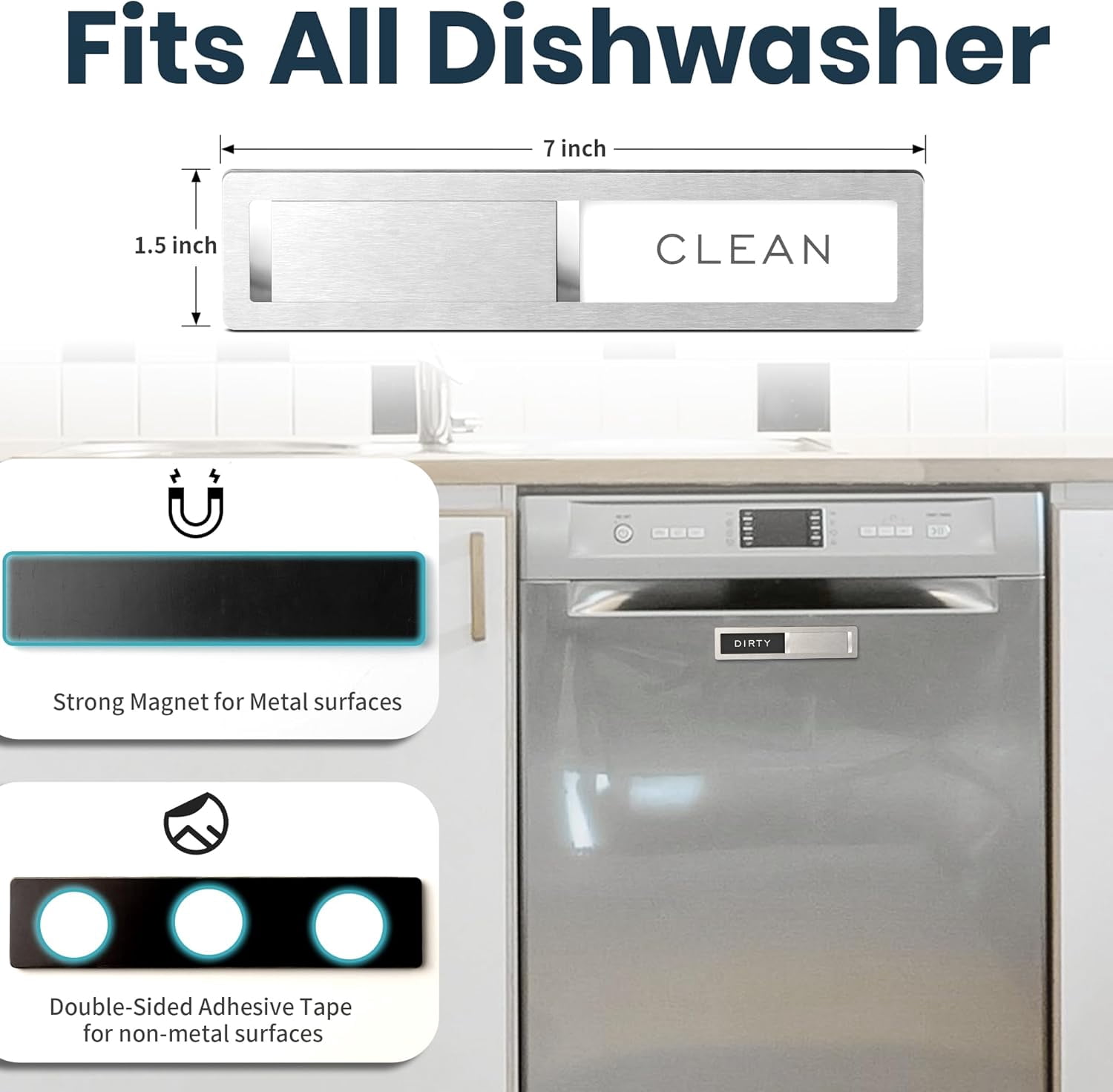 Dishwasher Clean Dirty Sign-Stainless Steel Clean Dirty Magnet for Dishwasher Sign,Modern Kitchen Decor, Extra Adhesive Tapes Included