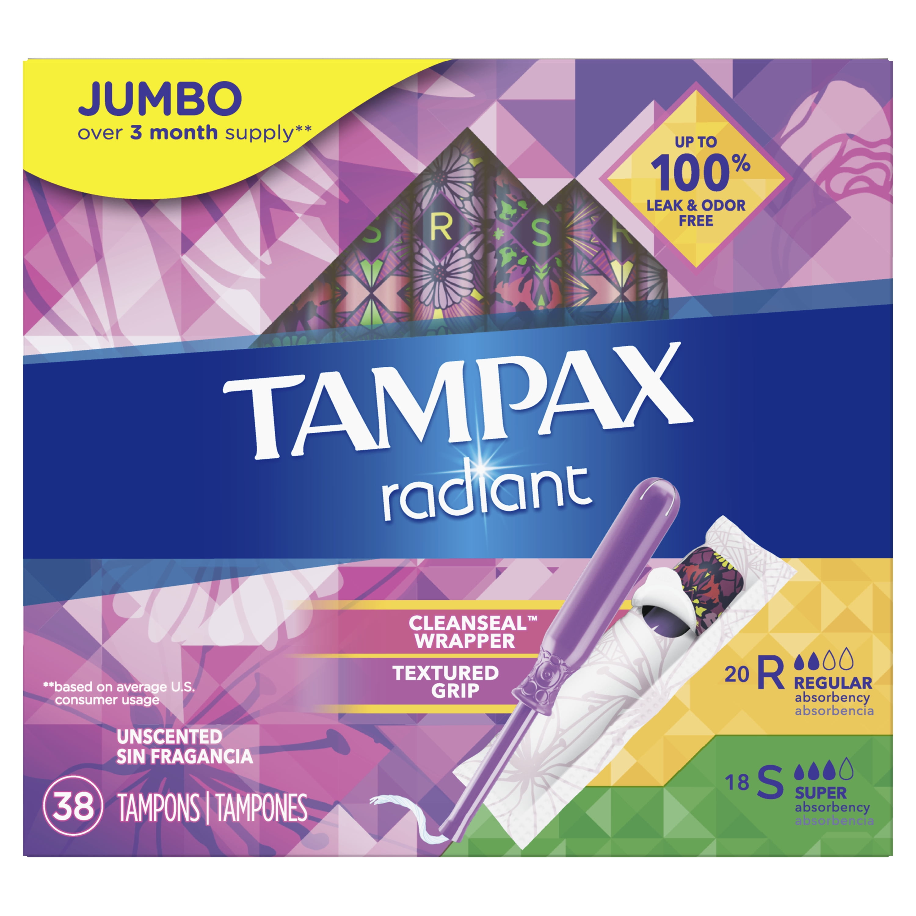 Tampax Radiant Tampons, Unscented, Regular/ Super Absorbency, 38 ct