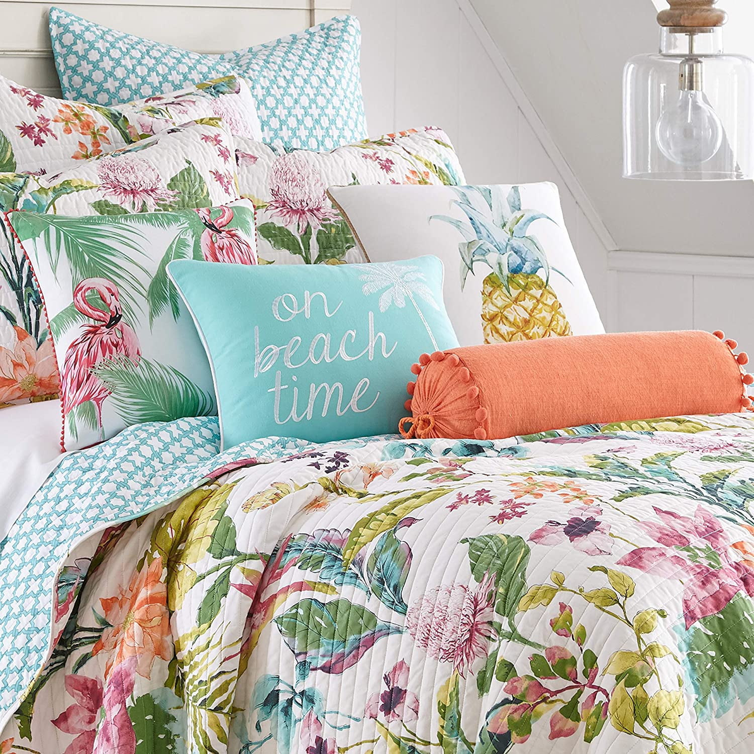Levtex Home - Malana Quilt Set - Full/Queen Quilt + Two Standard Pillow Shams - Tropical - Green, Coral, Plum, Teal - Quilt (88x92in.) and Pillow Shams (26x20in.) - Reversible - Cotton Fabric