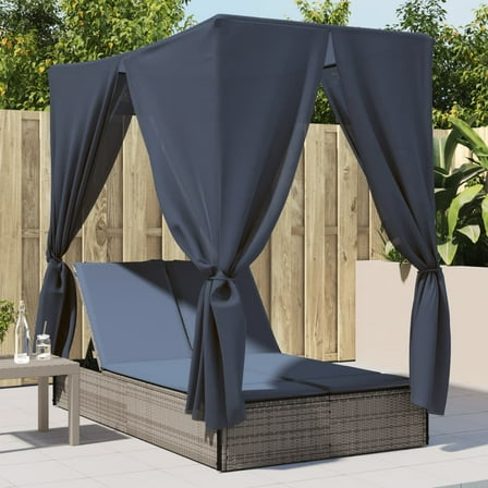 vidaXL Double Sun Lounger with Roof and Curtains Gray Poly Rattan