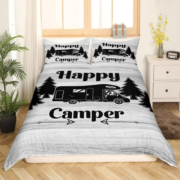 Camper Duvet Cover, Happy Camping Bedding Sets King, Vintage Woodland Silhouette Comforter Cover RV Decoration Bedding, Farmhouse Bedroom Decor 3Pcs Breathable Luxury