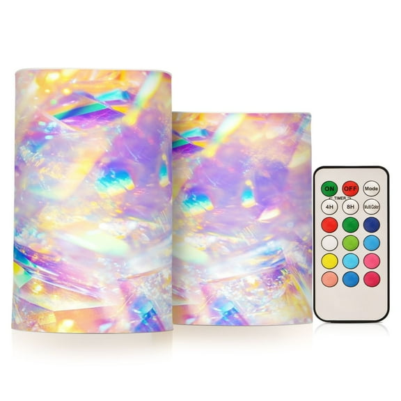 2 PCS Flameless Candles with Remote Timer LED Battery Operated Flickering Candle Light for Wedding Table Home Decoration Gifts Abstract Rainbow Colors