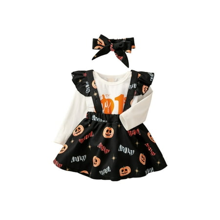 

Toddler Baby Girls Cartoon Halloween Outfits Letters Bodysuits Suspenders Skirt Hairband Clothes