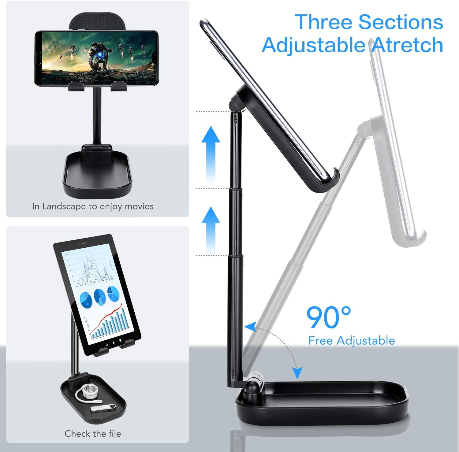 Cell Phone Stand, Adjustable Angle Height Desk Phone Holder, Tablet Stand  Holder Desktop Phone Holder for Desk CompatibleAll  Smartphones,Black,F111158 