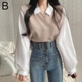 thumbnail image 1 of TQEHS Camiseta falsa de dos piezas para mujer, cuello empalmado, manga larga, parte superior holgada con rosca C6, 1 of 6