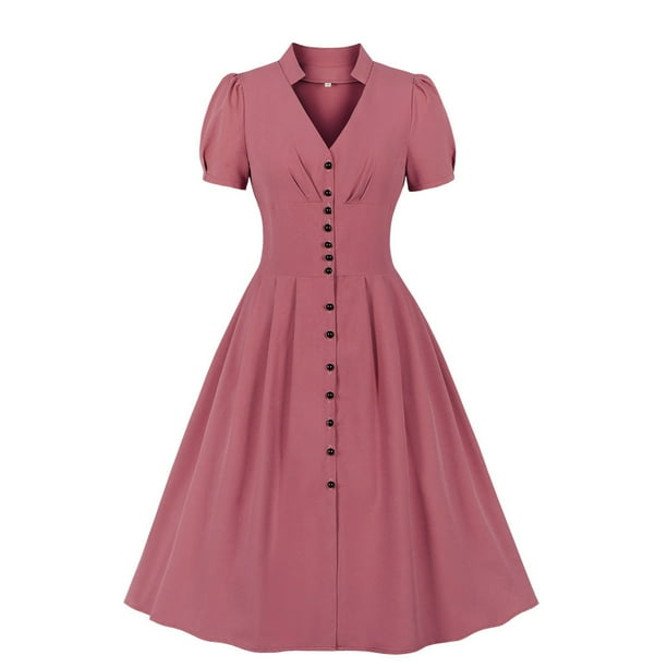 Vestido de mujer de manga corta con cuello en V y solapa de color sólido con botones de cintura alta Fridja bnh4519