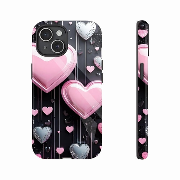Heart - shaped Glitter Phone Case for Valentine’s Day Gift Compatible with iPhone 11/12/13/14/15/16 (Pro Max/Plus) 3D Shiny Design on Black Background with Pink Silver Hearts
