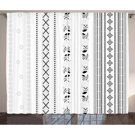 Henna Curtains 2 Panels Set, Vertical Stripes with Geometric Floral Old Fashioned Motifs Rangoli Inspired Design, Window Drapes for Living Room Bedroom, 108W X 90L Inches, Black White, by (Best Rangoli Designs In India)