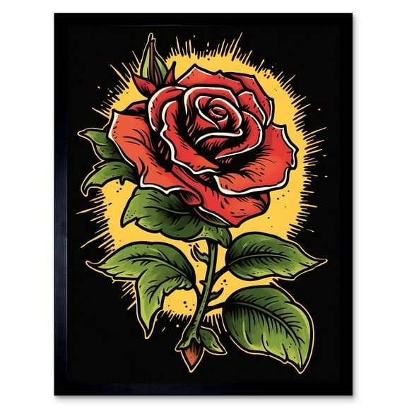 A Single Rose Old School USA Tattoo Ink Body Art Rockabilly Americana 50s Art Print Framed Poster Wall Decor 12x16 inch