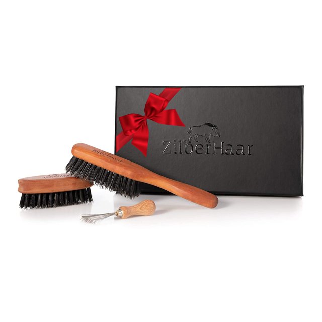 Kit de cuidado de cepillo para barba Zilberhaar (versión suave) Cerdas de jabalí de segundo corte - Ideal para barbas cortas y medianas - Distribuye bálsamo y aceite para crecimiento/peinado - Viene c