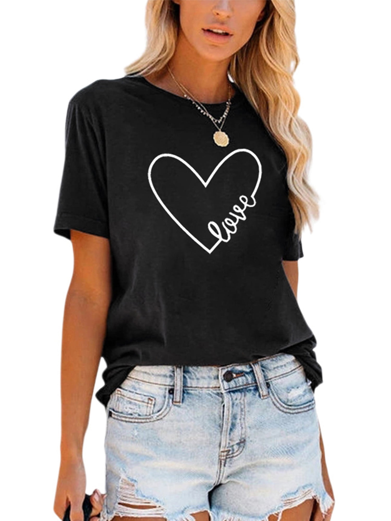Hearts Pattern Doodle Valentine Love Shirts for Women Fashion Round Neck Shirt Casual Short Sleeve T-Shirt Top Blouses XL 