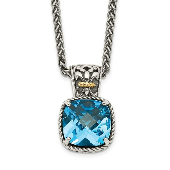 Auriga 925 Sterling Silver with 14K Accent Antiqued Cushion Blue Topaz Necklace for Women 18"