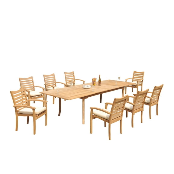 Grade-A Teak Dining Set: 8 Seater 9 Pc: 118" Rectangle Table And 8 Aspen Stacking Arm Chairs Outdoor Patio WholesaleTeak #51AP2409