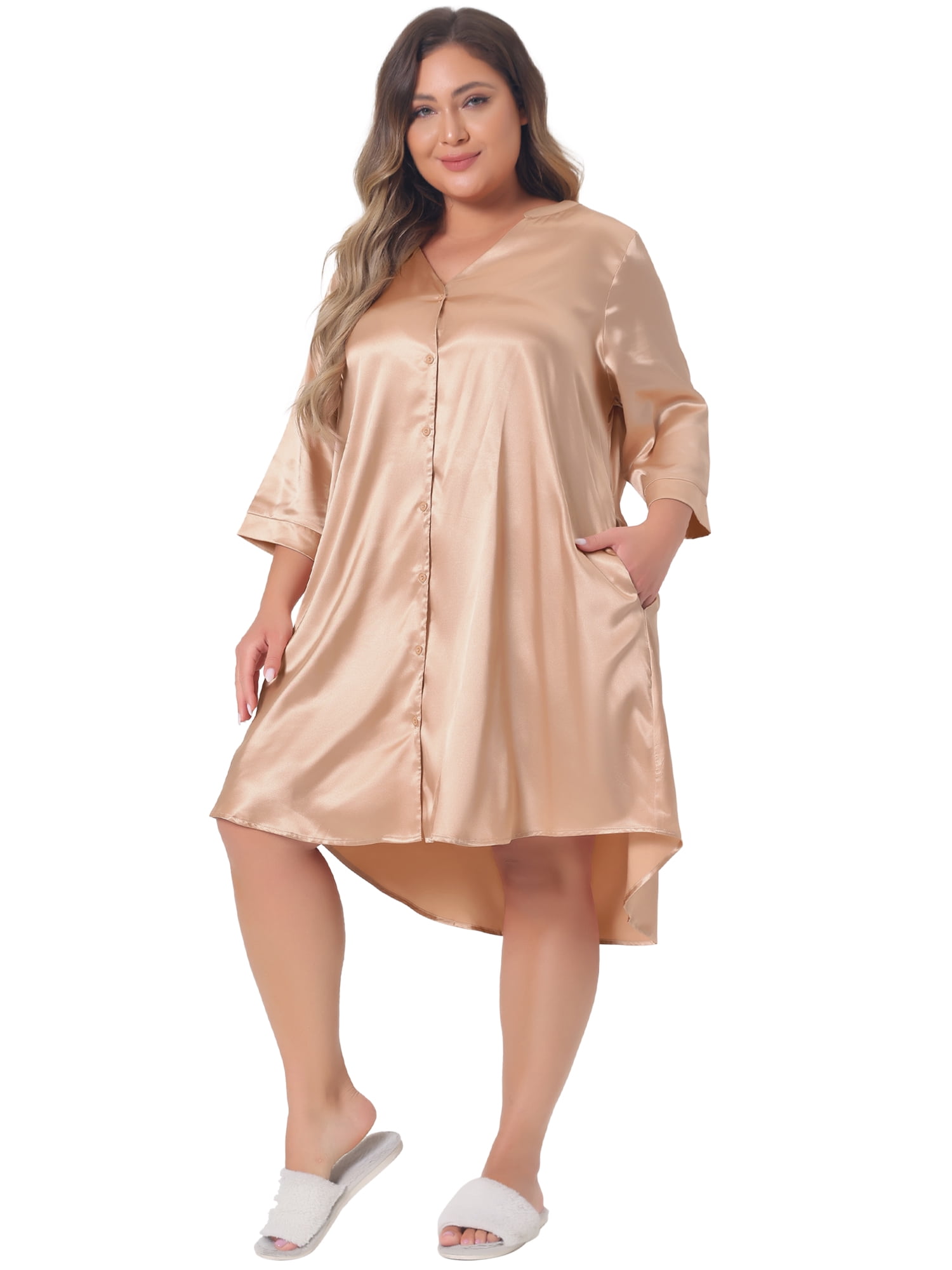 DARING DIVA Women's Plus Nightshirt Satin Button Down 3/4 Sleeve Nightgown 1X Champagne