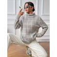 thumbnail image 4 of Women Fall High Neck Plaid Sweater Long Sleeve Loose Casual Chunky Checked Knit Winter Sweaters Jumper Tops Gray M, 4 of 10