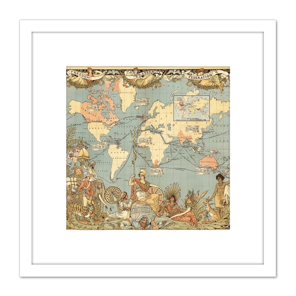 Map Colomb 1886 Extent British Empire 8X8 Inch Square Wooden Framed Wall Art Print Picture with Mount