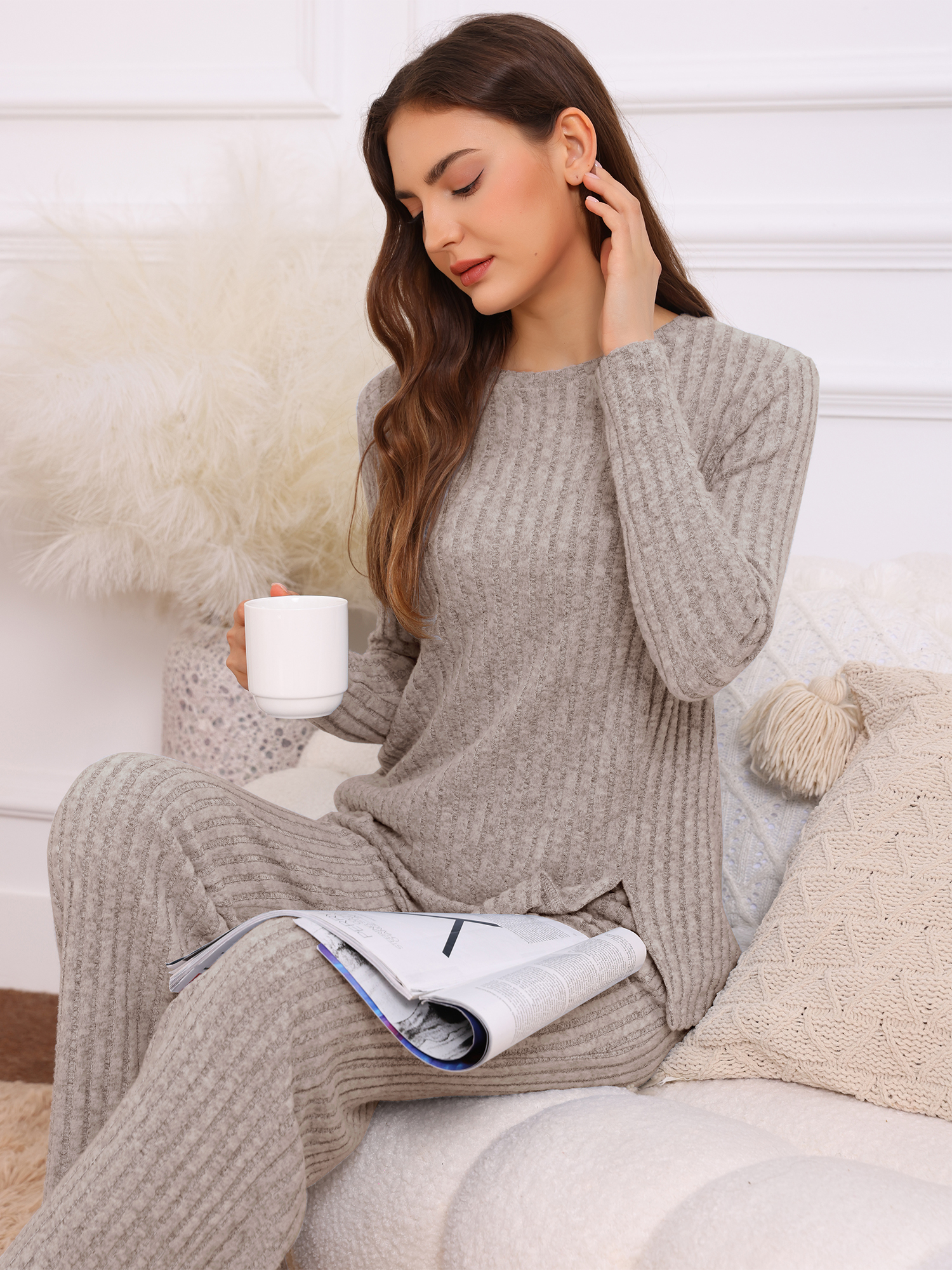DARING DIVA Women's Knit Long Sleeve Ribbed Sleepwear Soft Crewneck Sets S Brown
