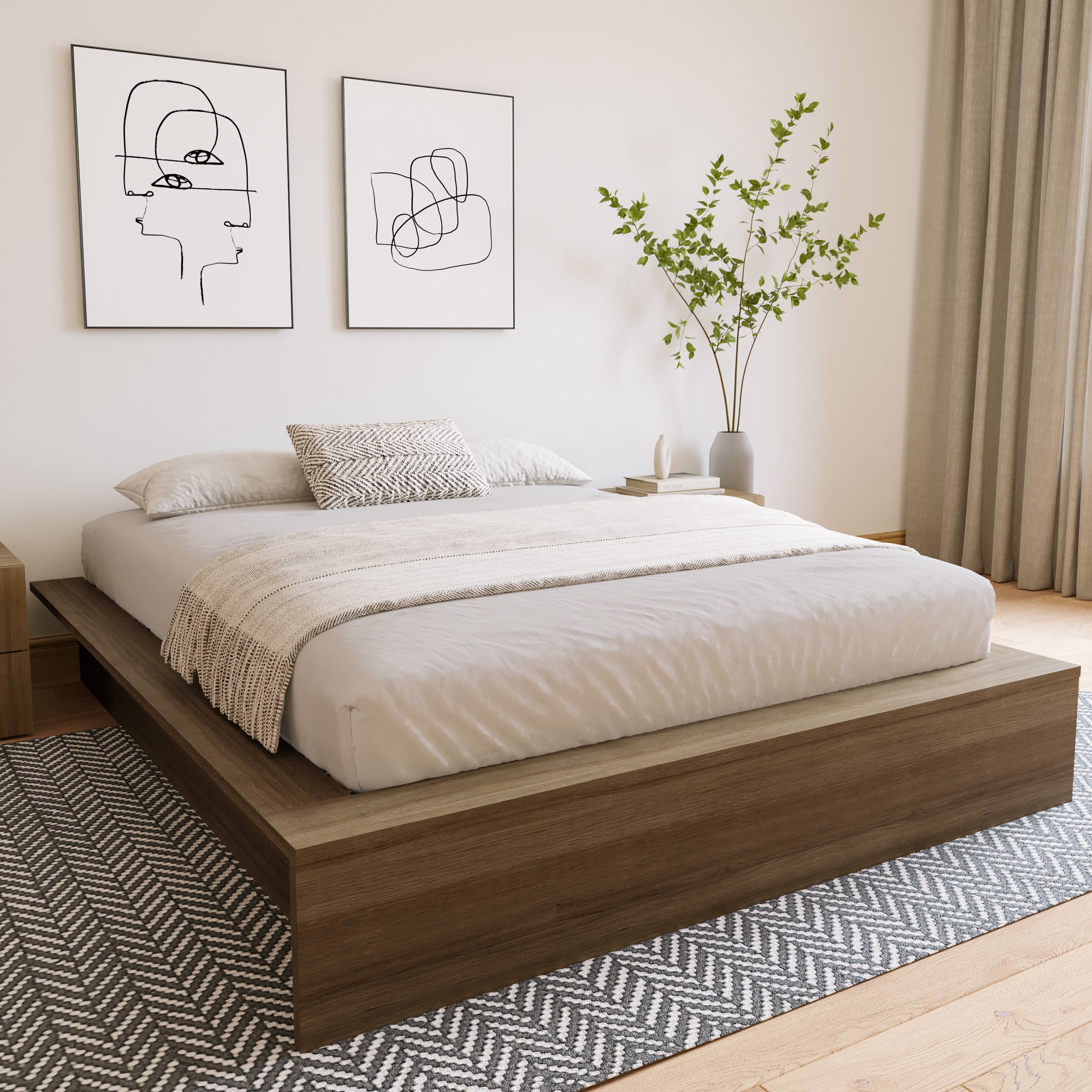 Nexera James Queen Size Platform Wood Bed Frame, Brown Oak