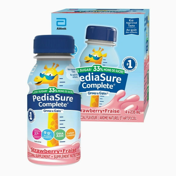 PediaSure Complete® Reduced Sugar, Nutritional Supplement, Strawberry, 4x235 mL Ready to Feed Bottles