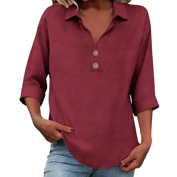 WXLWZYWL 3/4 Sleeve Cotton Linen Tops for Women 2026 Loose Fitted V Neck Button down Shirts Cute Solid Summer Beach Tee Shirts