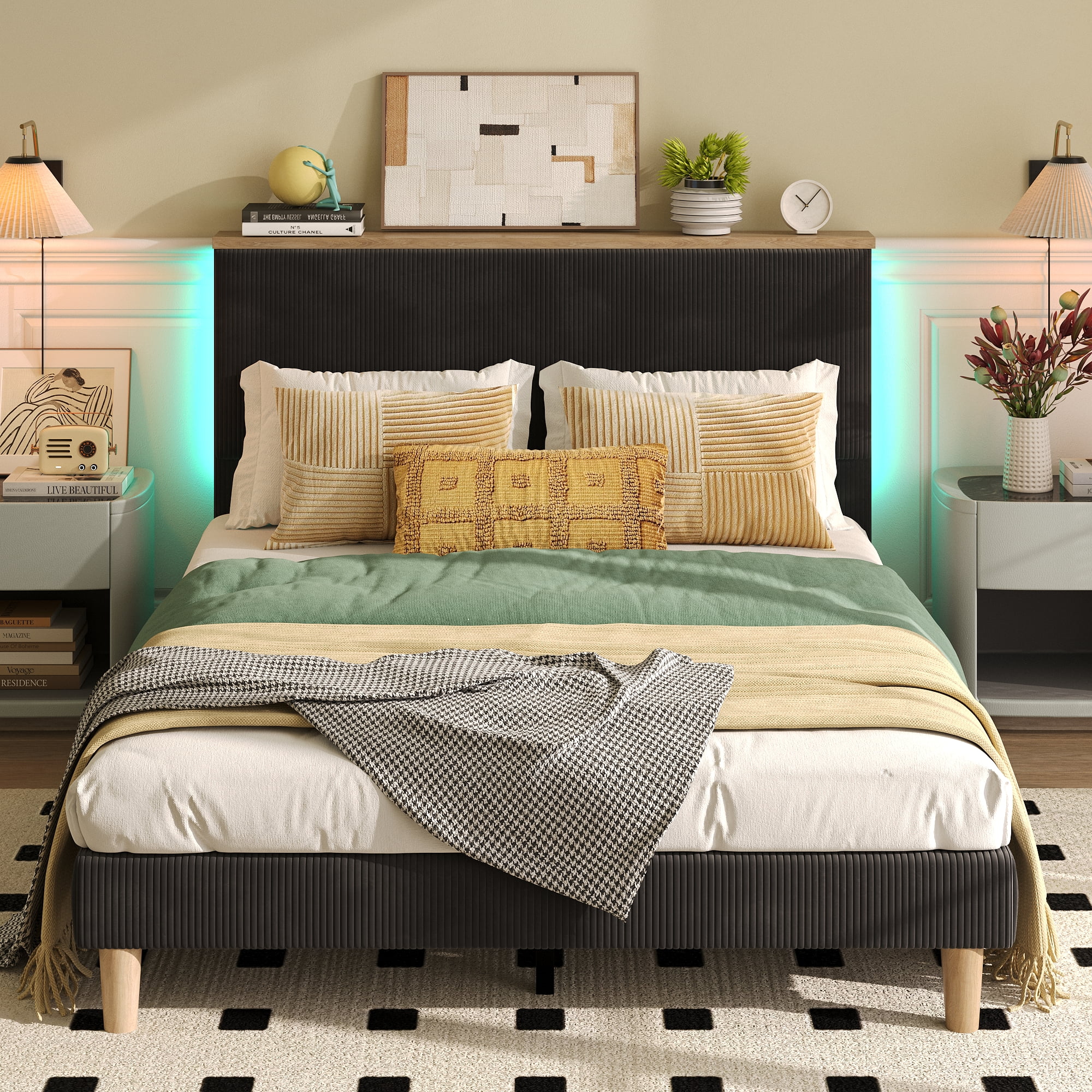 Bestier Full Platform Bed with Adjustable Storage Headboard Shelf, LED Corduroy Upholstered Bed Frame, Black