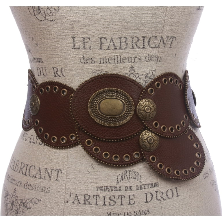 Brown Oval Concho Disc Vegan Leather Link Belt VirtusNoir Boho Big Belts PU Leather Oval Studded Concho  main image 2