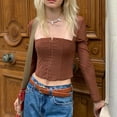 thumbnail image 3 of Hook Eye Top Long Sleeved Panel Mesh Square Neck Fashionable Slim Fit Hook Eye Blouse for Dating Brown M, 3 of 8
