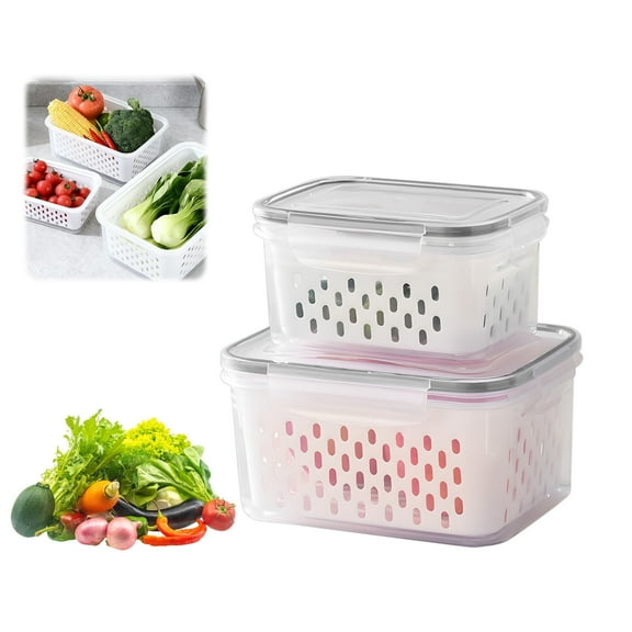 YARRAMATE Household Transparent Plastic Food Storage Box with Drain Basket, Portable Multifunctional Fruit & Vegetable Drainer Container (2 Pcs)