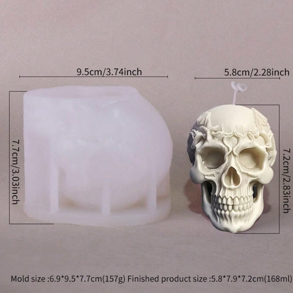 3 Pcs 3D Rose Flower Skull Candle Molds, Flexible Silicone Skull Head Molds, Ghost Mold Candle Making Molds, Reusable Silicone Molds for DIY Candle Wax Resin Soap