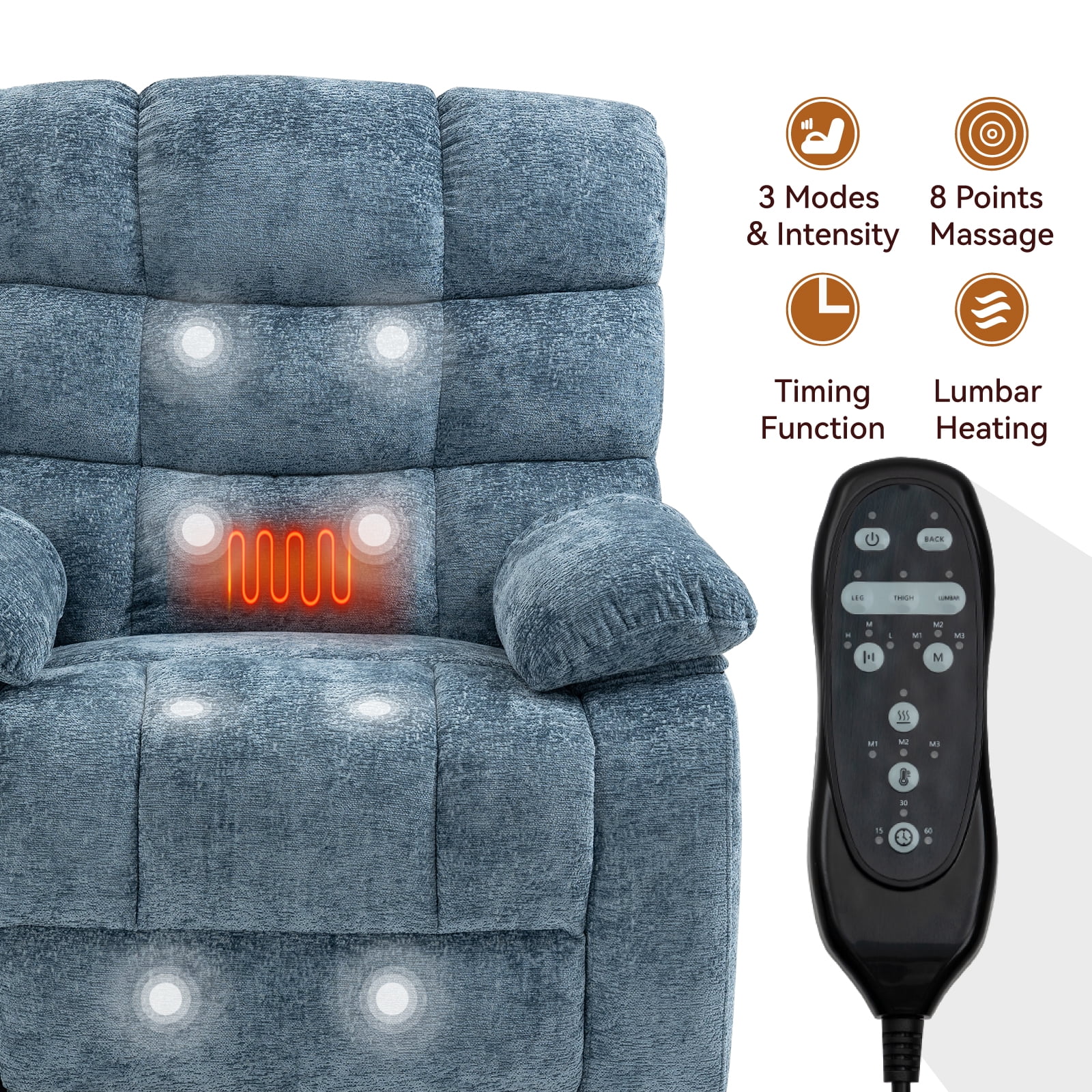 Power Lift Recliner Chair, Heat Massage Dual Motor Infinite Position 350 LBS Heavy Duty, Electric Remote Recliner for Elderly, Medium-Firm Chenille, Blue