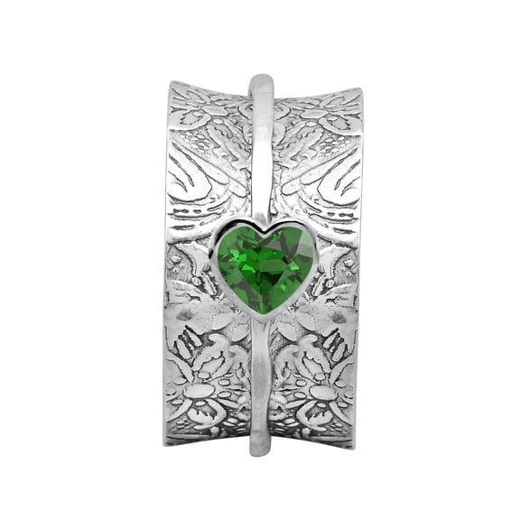 Mooneye 5mm Heart Green CZ 925 Sterling Silver Meditation Unisex Spinner Wedding Ring