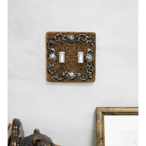 Set of 2 Western Stars And Tooled Lace Scroll Wall Double Toggle Switch Plates