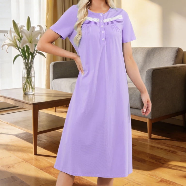 dazeni Half Button Nightgowns for Women Knee Length Short Sleeve Long Night Gowns Loose Casual Crewneck House Dress Purple XXL