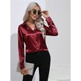 thumbnail image 5 of Satin Blouses for Women Casual Long Sleeve Button Down Shirts Dressy Business Work Tunic Top Wine Red XL, 5 of 9