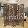 4 Panel Wooden Screen with Cutout Trellis Pattern and Flower Pot Carvings, Brown ,Saltoro Sherpi
