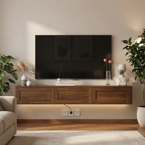 Floating TV Stand, Wall Mounted Shelf w/ LED Lights & Power Outlet, High Gloss Entertainment Center, Wood