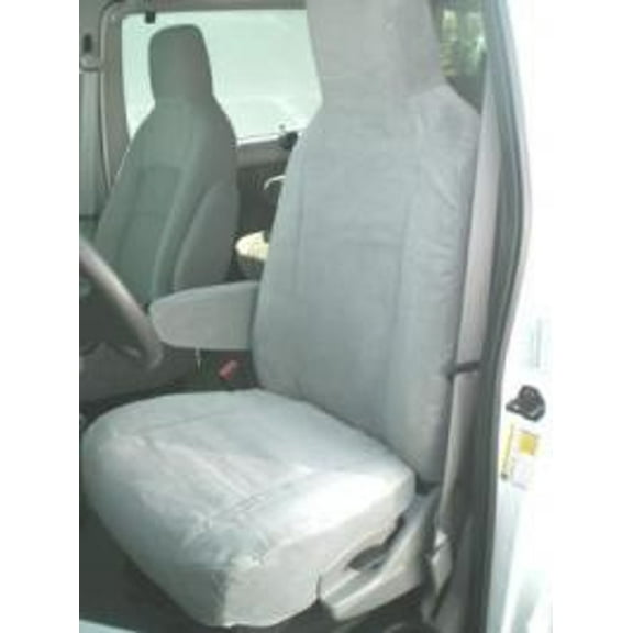 F466 2009-2018 Ford E150-E450 Van Front High Back Bucket Seats with Molded Headrests and 1 Armrest Per Seat in Gray Twill