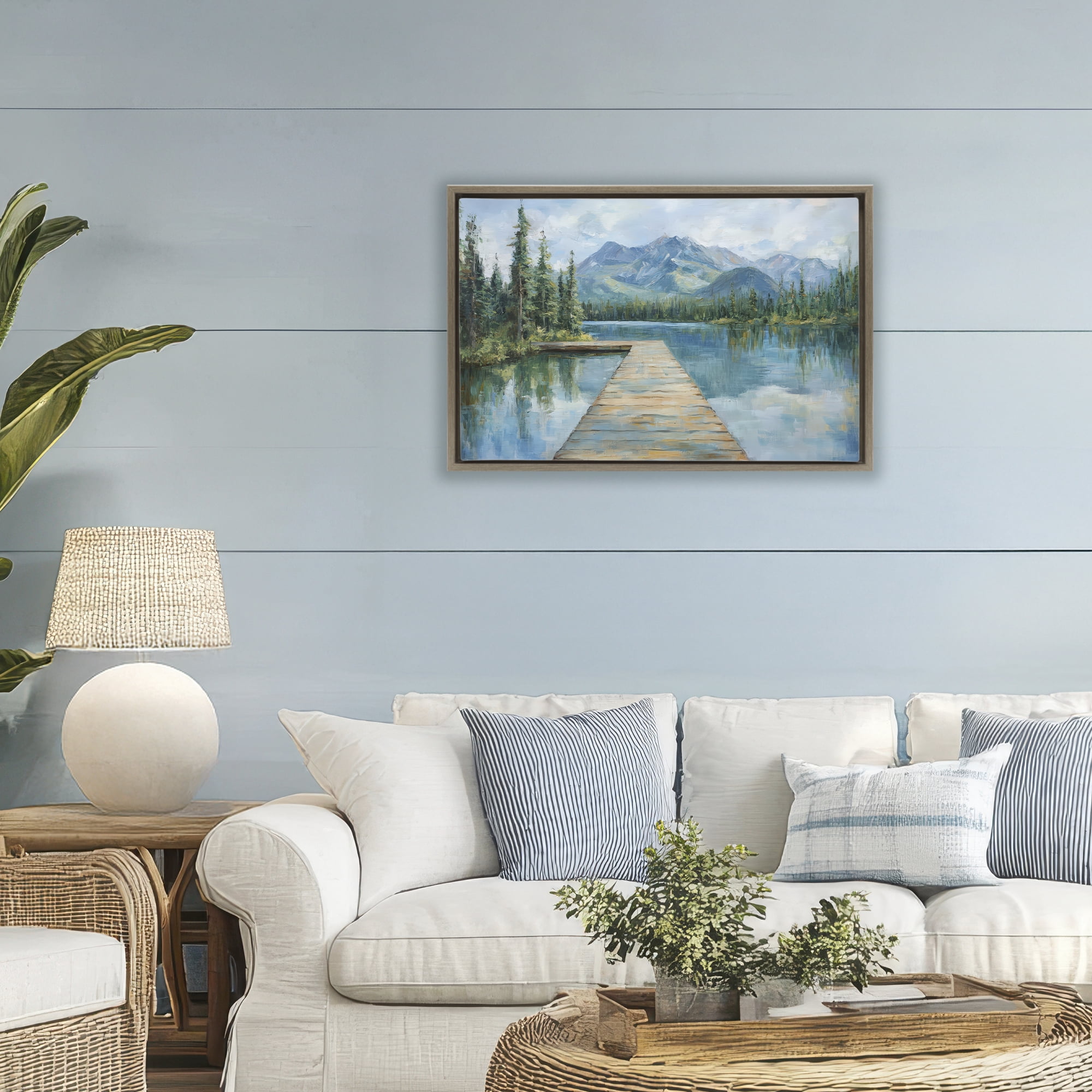 Stupell Industries Peaceful Lake Dock in the Mountains Brown Framed Floater Canvas Wall Art, design by Petal Prints Design