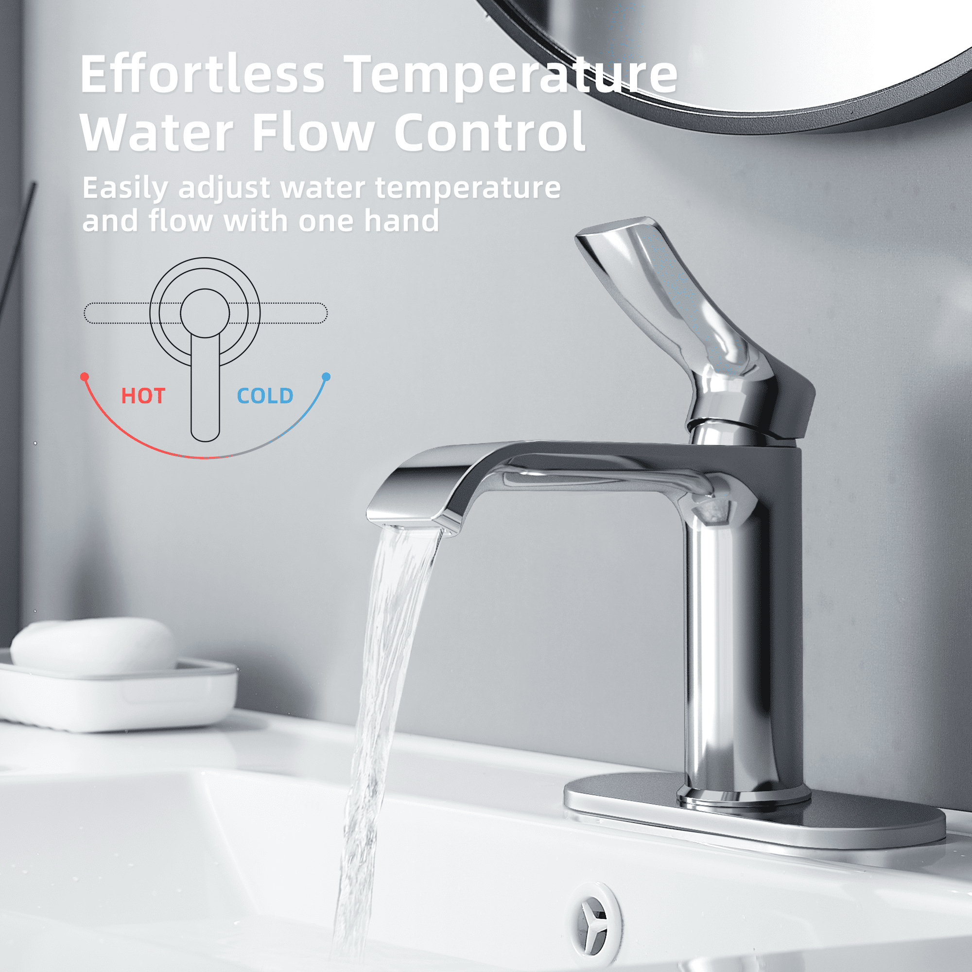 BELZ Bathroom Faucet Waterfall Spout Bathroom Sink Faucet with Single Handle with Pop Up Drain and Deck Plate Suitable for 1 or 3 Holes, Chrome