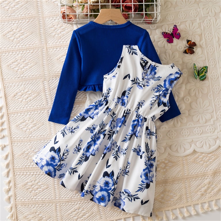 Placlothes Floral 2 Piece Cute Tops and Skirt Outfits for Big Girls and Little Girls Summer Fall Sets with Bow Birthday Kids Blue Size 4 T, Girl's