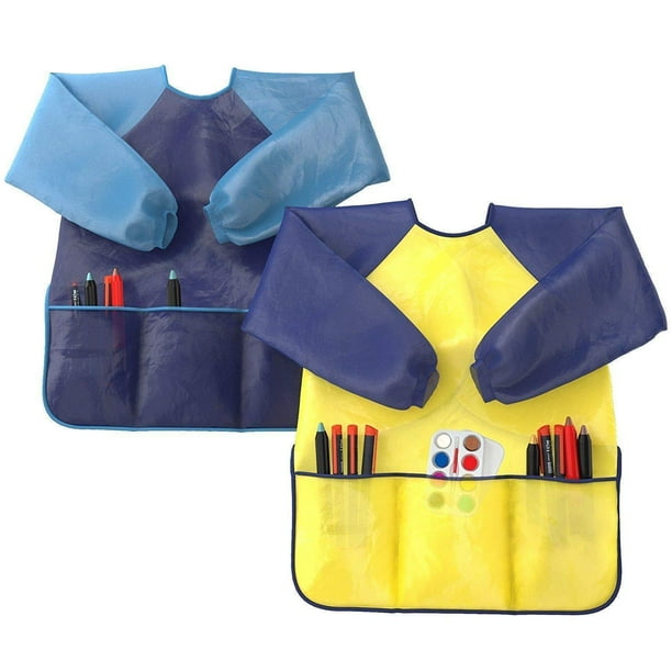 Kids Art Smocks Pack of 2 Children Artist Painting Aprons Waterproof and Long Sleeve with 3